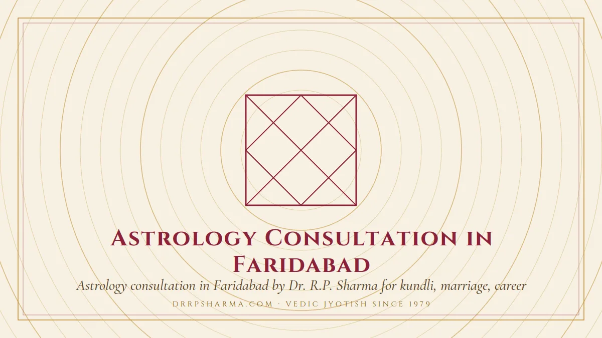 Astrology Consultation in Faridabad — a Vedic birth-chart (kundli) diagram motif on a parchment plate