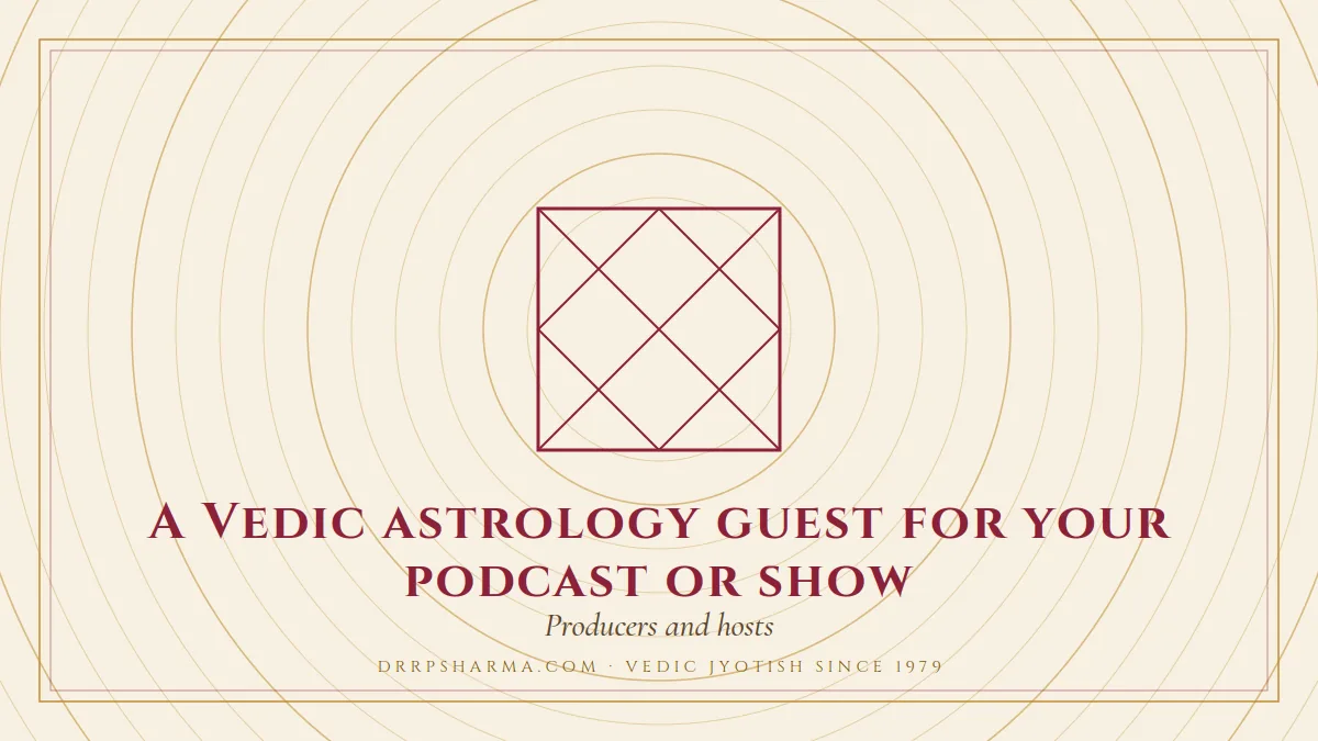 A Vedic astrology guest for your podcast or show — a Vedic birth-chart (kundli) diagram motif on a parchment plate