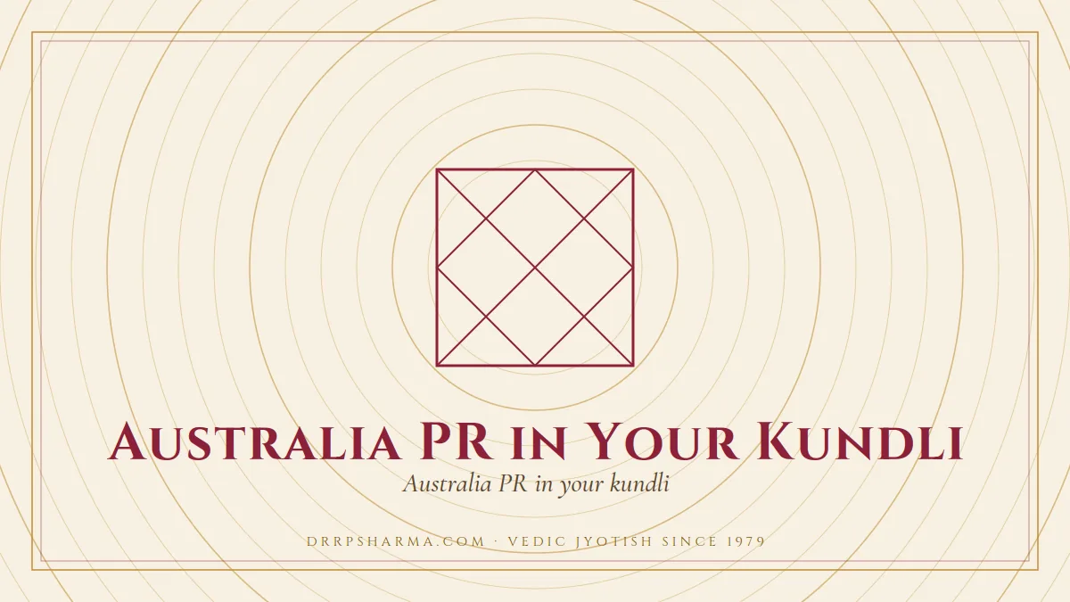 Australia PR in Your Kundli — a Vedic birth-chart (kundli) diagram motif on a parchment plate