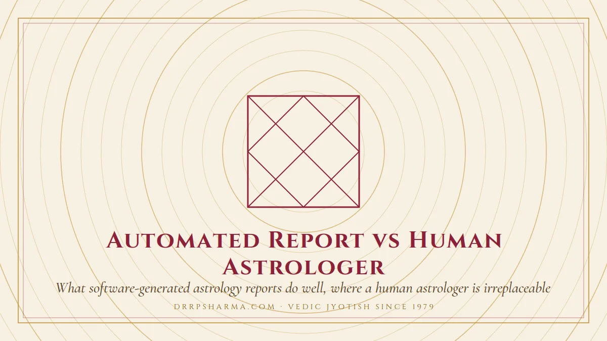 Automated Report vs Human Astrologer — a Vedic birth-chart (kundli) diagram motif on a parchment plate