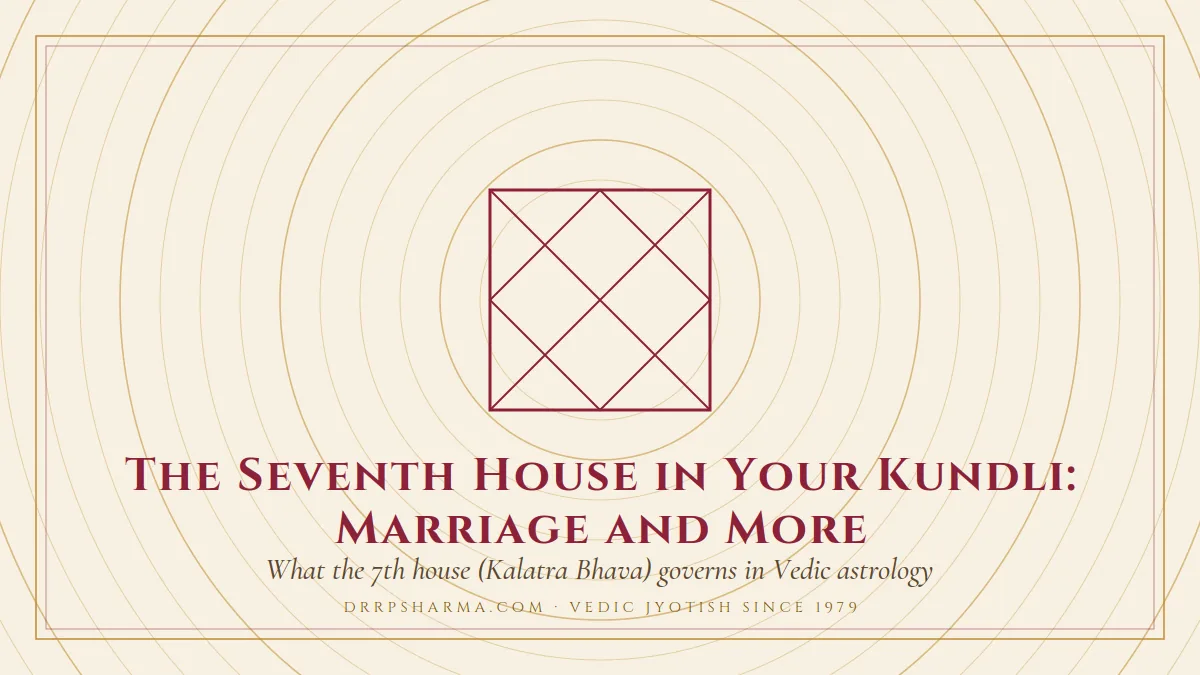 The Seventh House in Your Kundli: Marriage and More — a Vedic birth-chart (kundli) diagram motif on a parchment plate