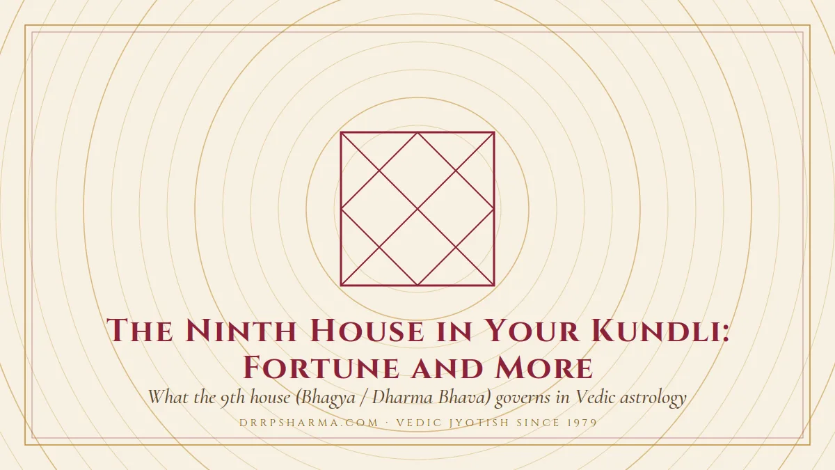 The Ninth House in Your Kundli: Fortune and More — a Vedic birth-chart (kundli) diagram motif on a parchment plate