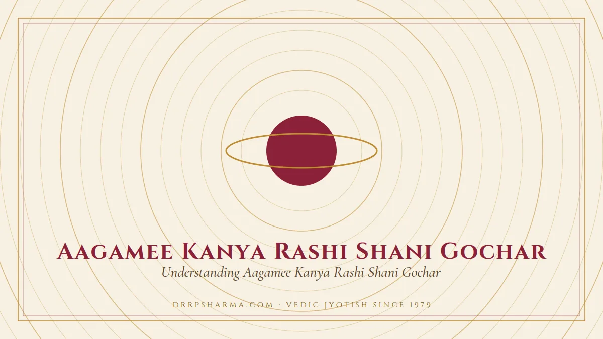 Aagamee Kanya Rashi Shani Gochar — a ringed-planet motif on a parchment plate