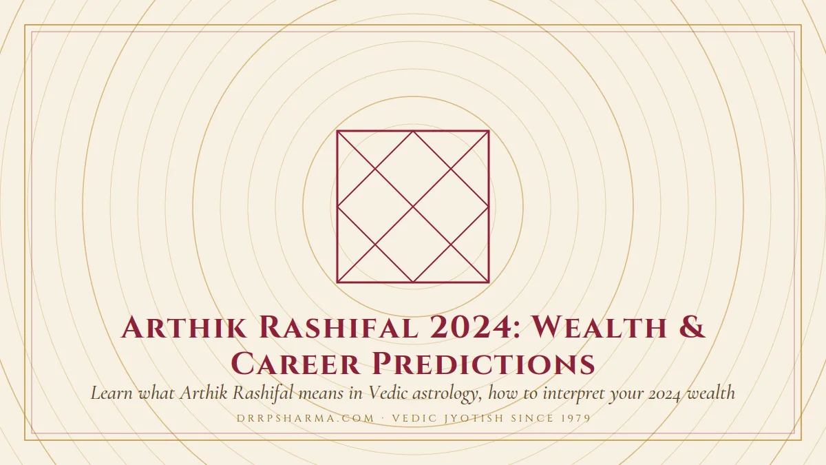 Arthik Rashifal 2024: Wealth & Career Predictions — a Vedic birth-chart (kundli) diagram motif on a parchment plate
