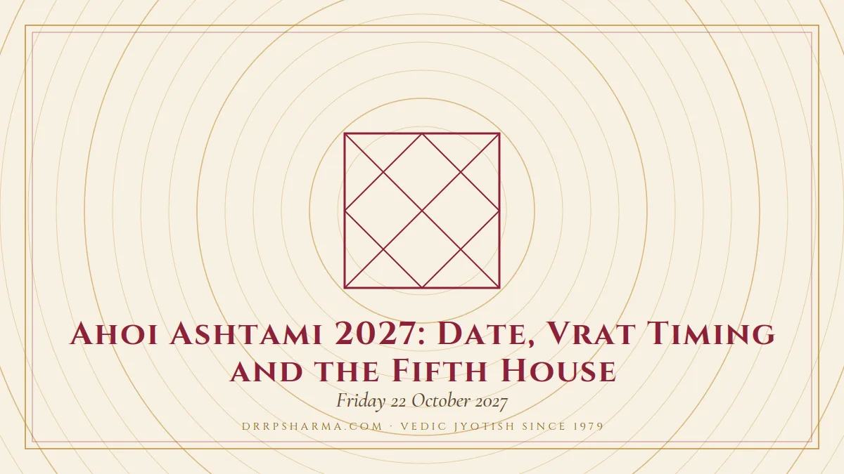 Ahoi Ashtami 2027: Date, Vrat Timing and the Fifth House — a Vedic birth-chart (kundli) diagram motif on a parchment plate