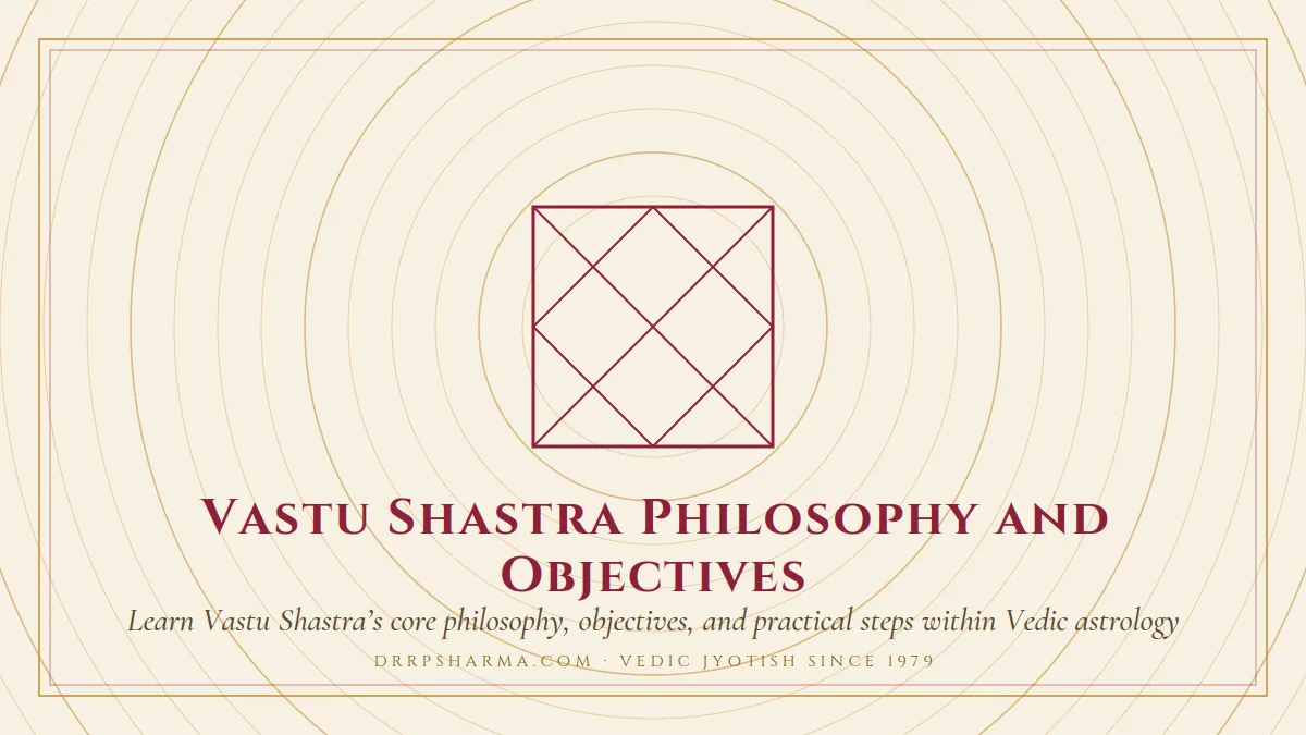 Vastu Shastra Philosophy and Objectives — a Vedic birth-chart (kundli) diagram motif on a parchment plate