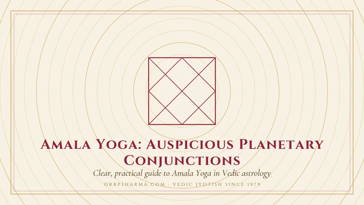 Amala Yoga: Auspicious Planetary Conjunctions — a Vedic birth-chart (kundli) diagram motif on a parchment plate