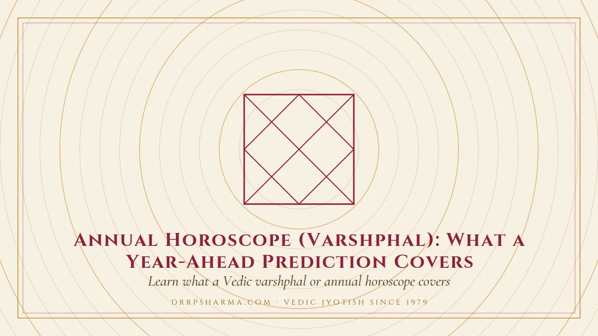 Annual Horoscope (Varshphal): What a Year-Ahead Prediction Covers — a Vedic birth-chart (kundli) diagram motif on a parchment plate