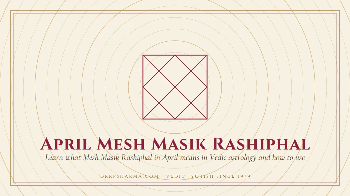 April Mesh Masik Rashiphal — a Vedic birth-chart (kundli) diagram motif on a parchment plate