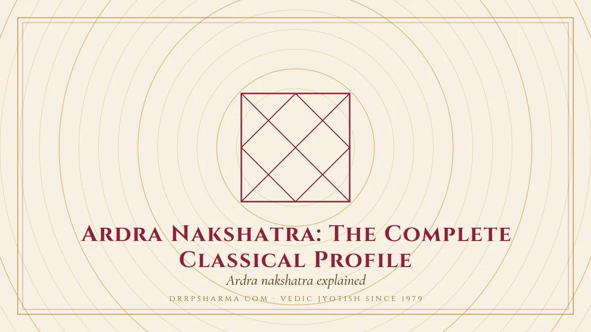 Ardra Nakshatra: The Complete Classical Profile — a Vedic birth-chart (kundli) diagram motif on a parchment plate