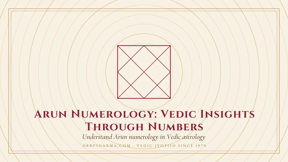 Arun Numerology: Vedic Insights Through Numbers — a Vedic birth-chart (kundli) diagram motif on a parchment plate
