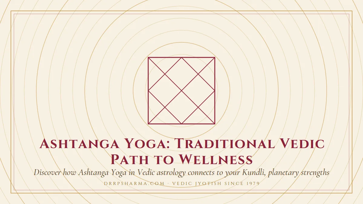 Ashtanga Yoga: Traditional Vedic Path to Wellness — a Vedic birth-chart (kundli) diagram motif on a parchment plate
