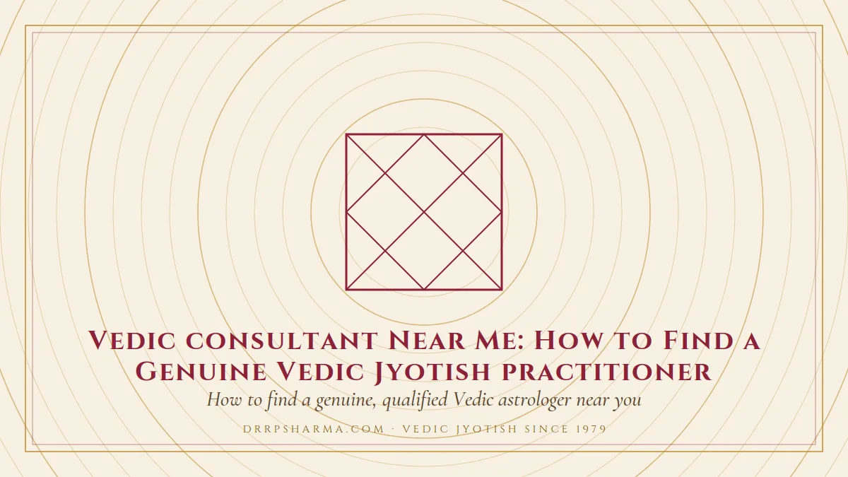 Vedic consultant Near Me: How to Find a Genuine Vedic Jyotish practitioner — a Vedic birth-chart (kundli) diagram motif on a parchment plate