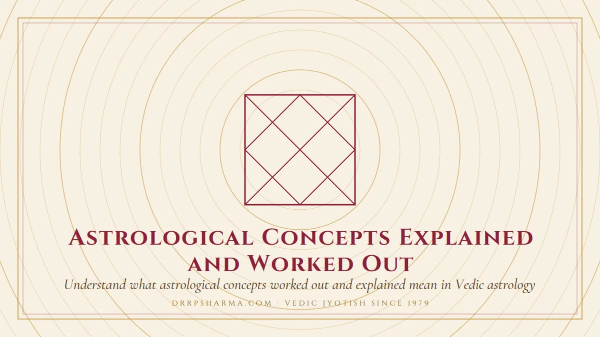 Astrological Concepts Explained and Worked Out — a Vedic birth-chart (kundli) diagram motif on a parchment plate