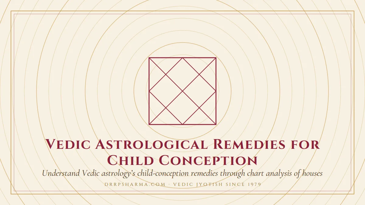 Vedic Astrological Remedies for Child Conception — a Vedic birth-chart (kundli) diagram motif on a parchment plate