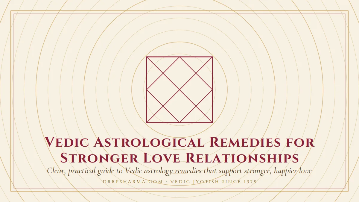 Vedic Astrological Remedies for Stronger Love Relationships — a Vedic birth-chart (kundli) diagram motif on a parchment plate