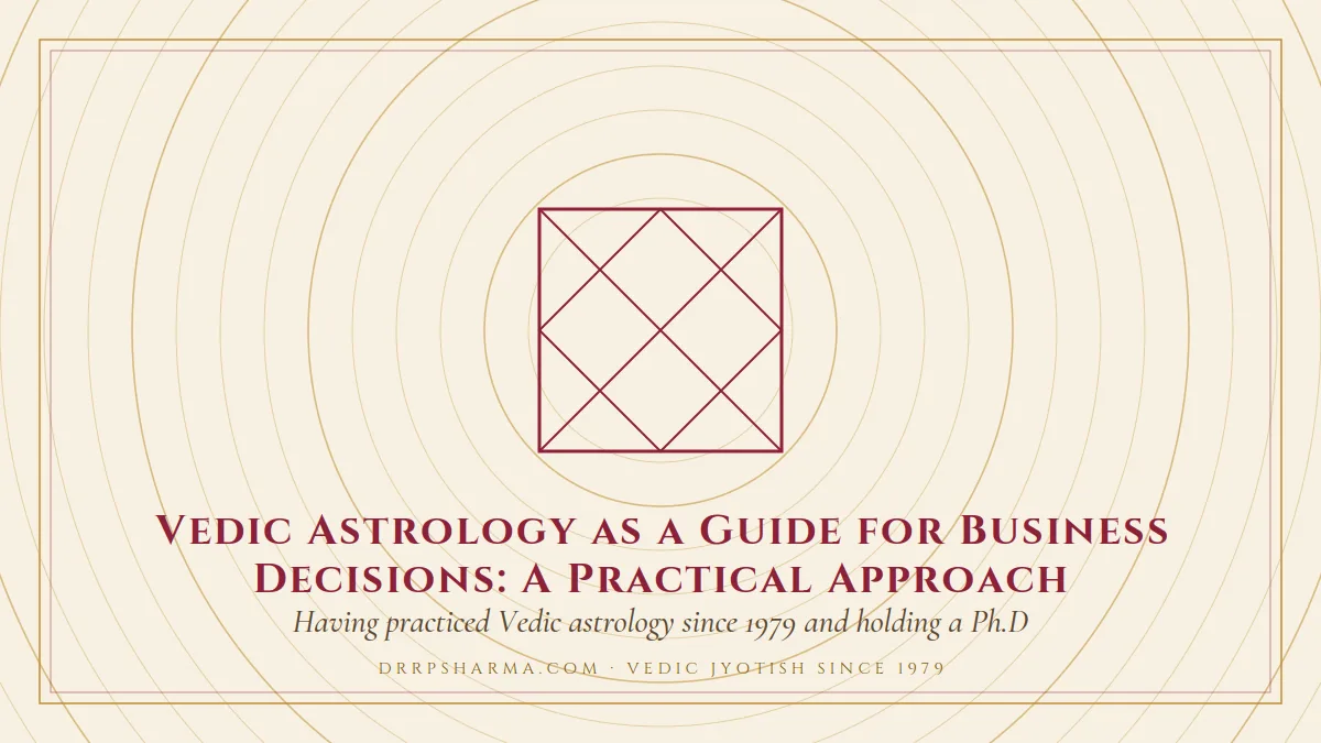 Vedic Astrology as a Guide for Business Decisions: A Practical Approach — a Vedic birth-chart (kundli) diagram motif on a parchment plate