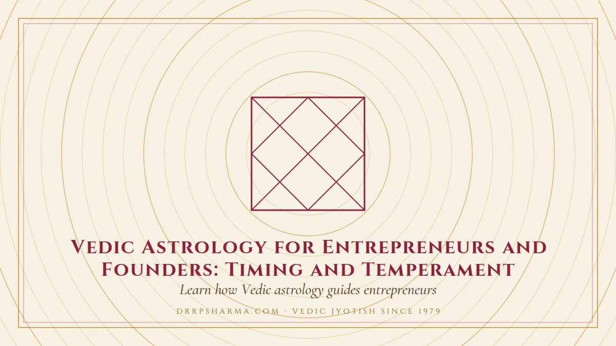 Vedic Astrology for Entrepreneurs and Founders: Timing and Temperament — a Vedic birth-chart (kundli) diagram motif on a parchment plate
