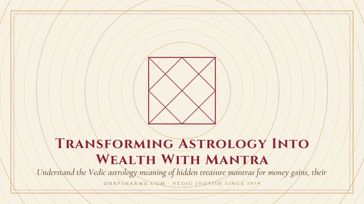 Transforming Astrology Into Wealth With Mantra — a Vedic birth-chart (kundli) diagram motif on a parchment plate