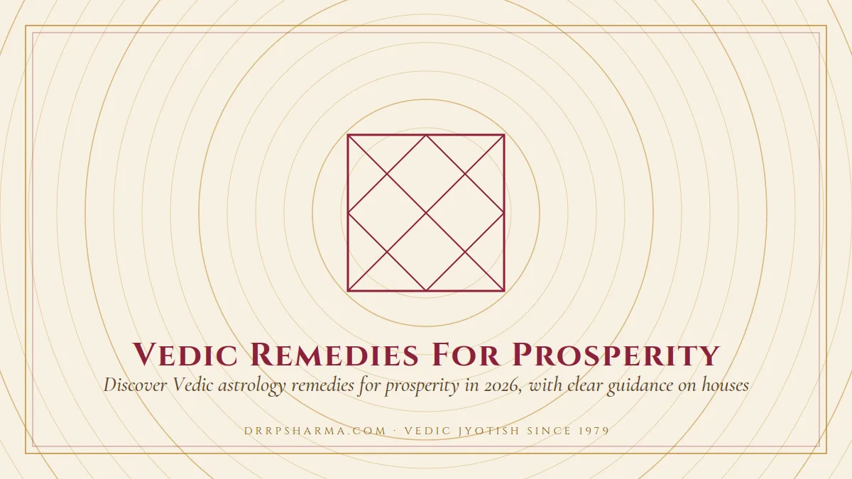 Vedic Remedies For Prosperity — a Vedic birth-chart (kundli) diagram motif on a parchment plate