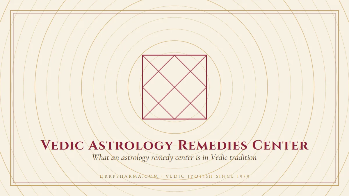 Vedic Astrology Remedies Center — a Vedic birth-chart (kundli) diagram motif on a parchment plate