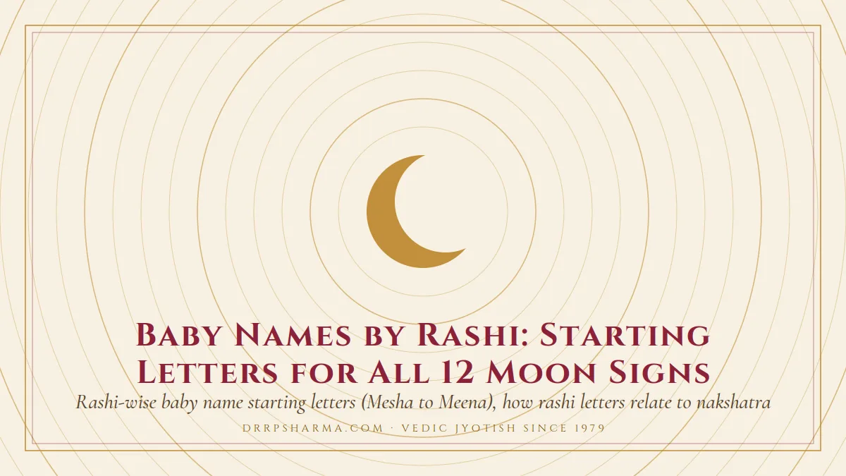 Baby Names by Rashi: Starting Letters for All 12 Moon Signs — a gold crescent-moon motif on a parchment plate