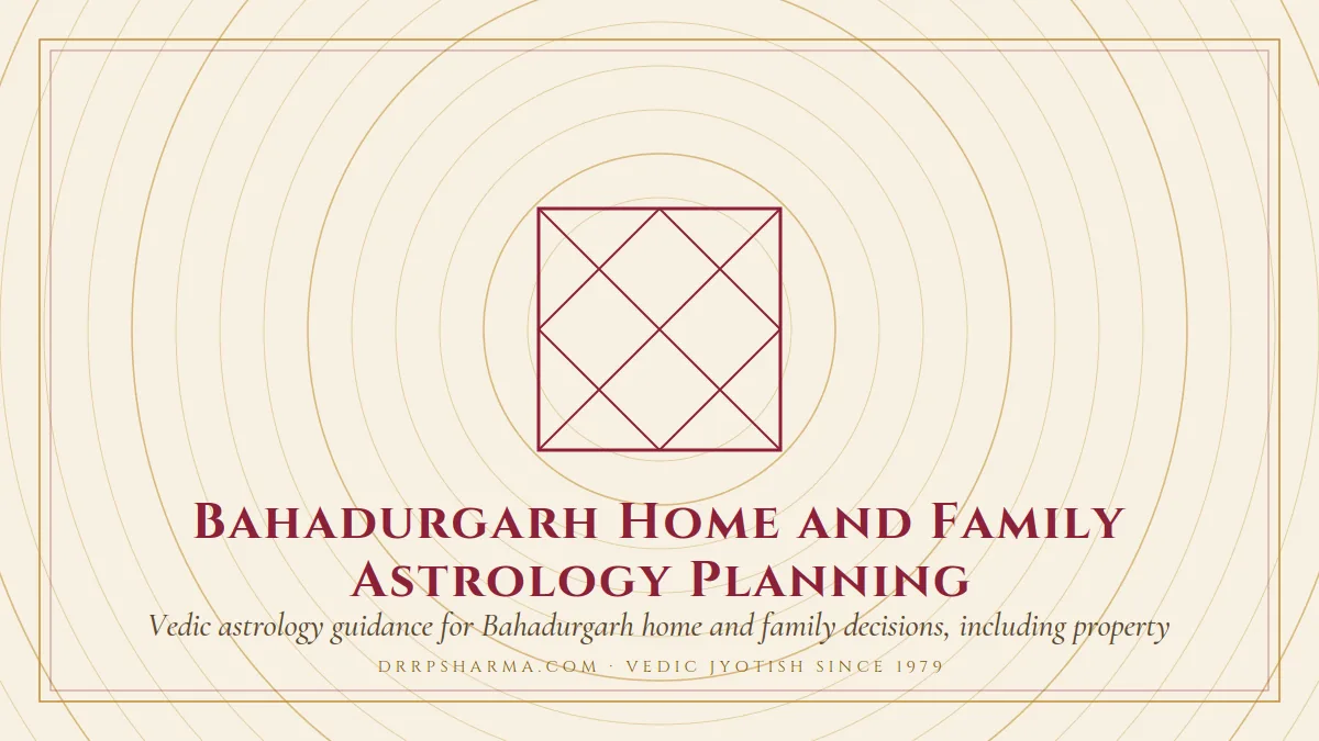 Bahadurgarh Home and Family Astrology Planning — a Vedic birth-chart (kundli) diagram motif on a parchment plate