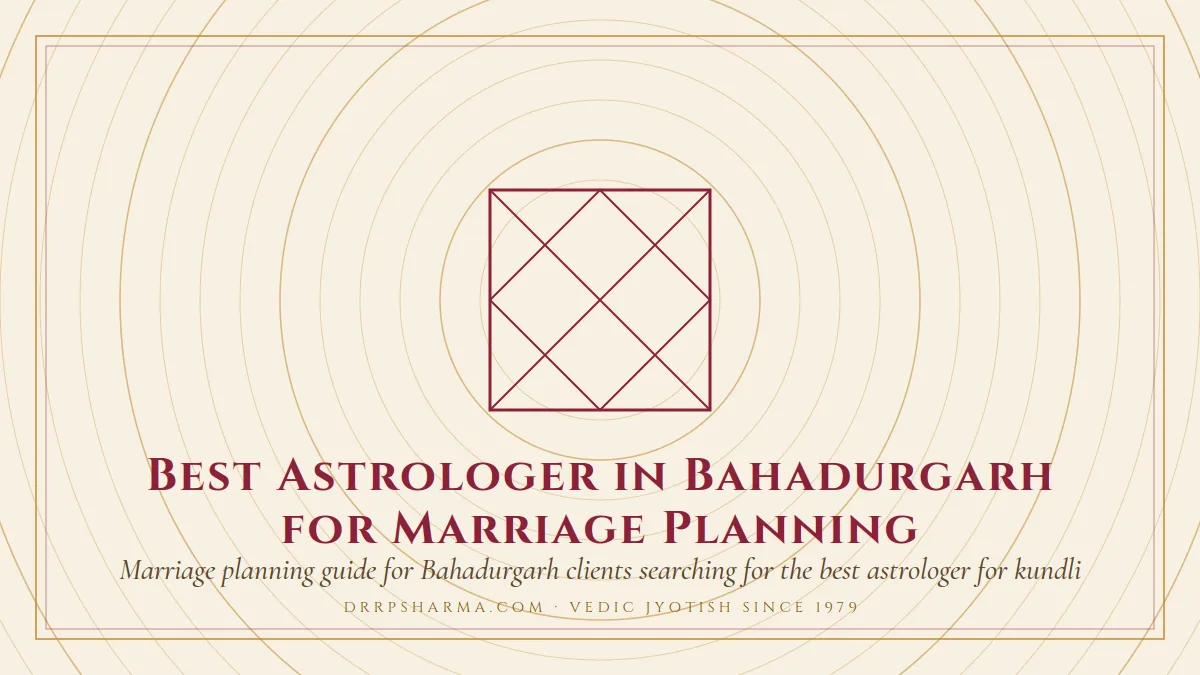 Best Astrologer in Bahadurgarh for Marriage Planning — a Vedic birth-chart (kundli) diagram motif on a parchment plate