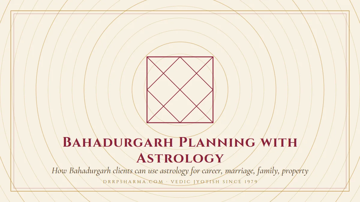 Bahadurgarh Planning with Astrology — a Vedic birth-chart (kundli) diagram motif on a parchment plate