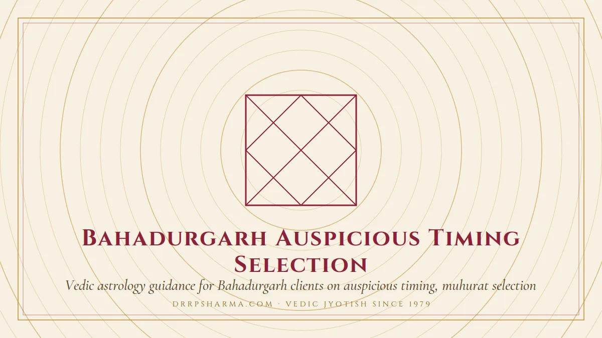 Bahadurgarh Auspicious Timing Selection — a Vedic birth-chart (kundli) diagram motif on a parchment plate