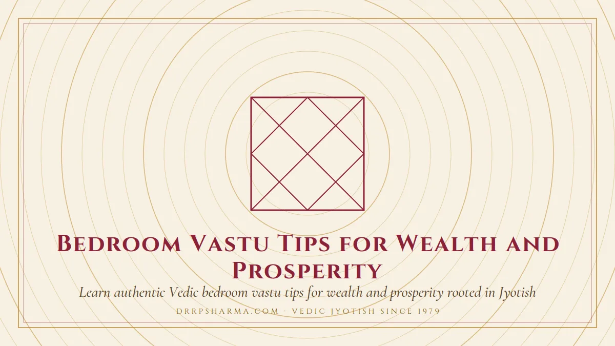 Bedroom Vastu Tips for Wealth and Prosperity — a Vedic birth-chart (kundli) diagram motif on a parchment plate