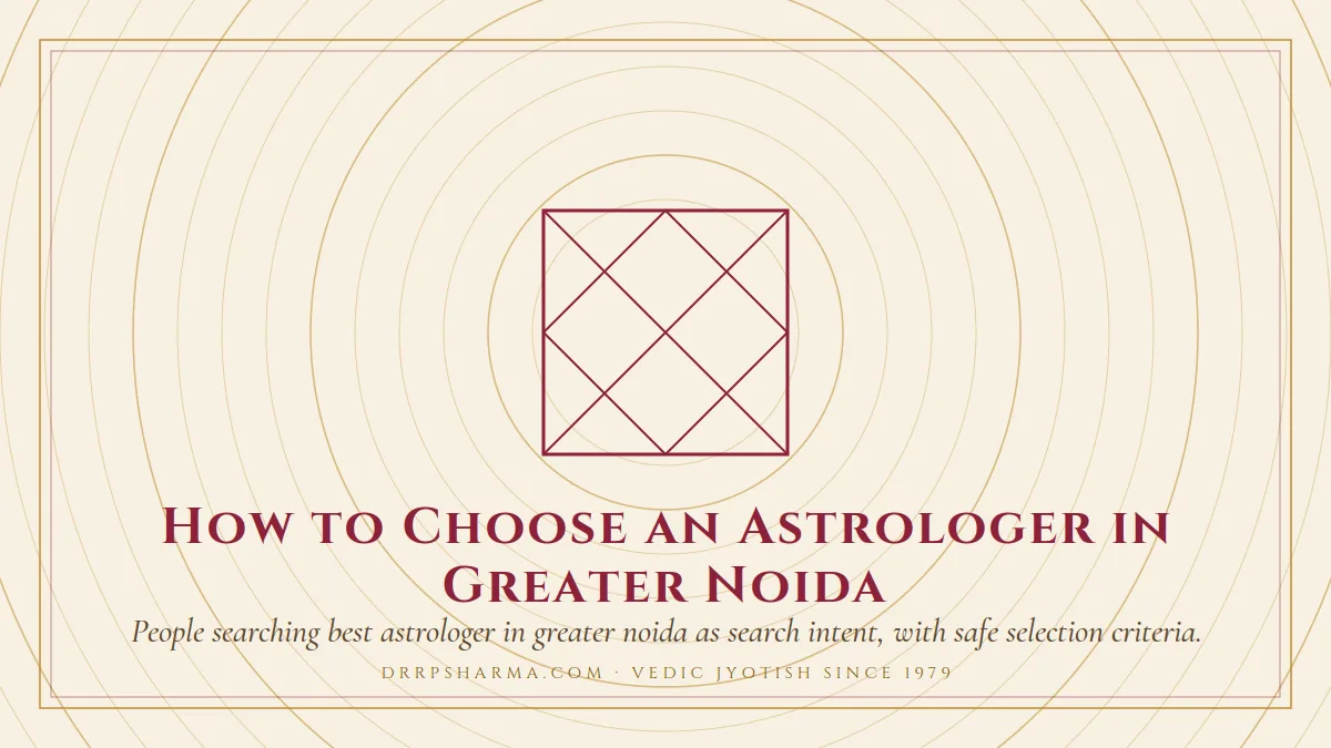 How to Choose an Astrologer in Greater Noida — a Vedic birth-chart (kundli) diagram motif on a parchment plate