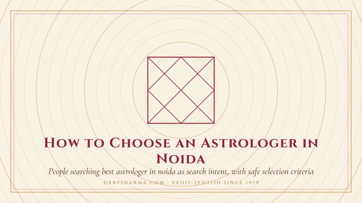 How to Choose an Astrologer in Noida — a Vedic birth-chart (kundli) diagram motif on a parchment plate