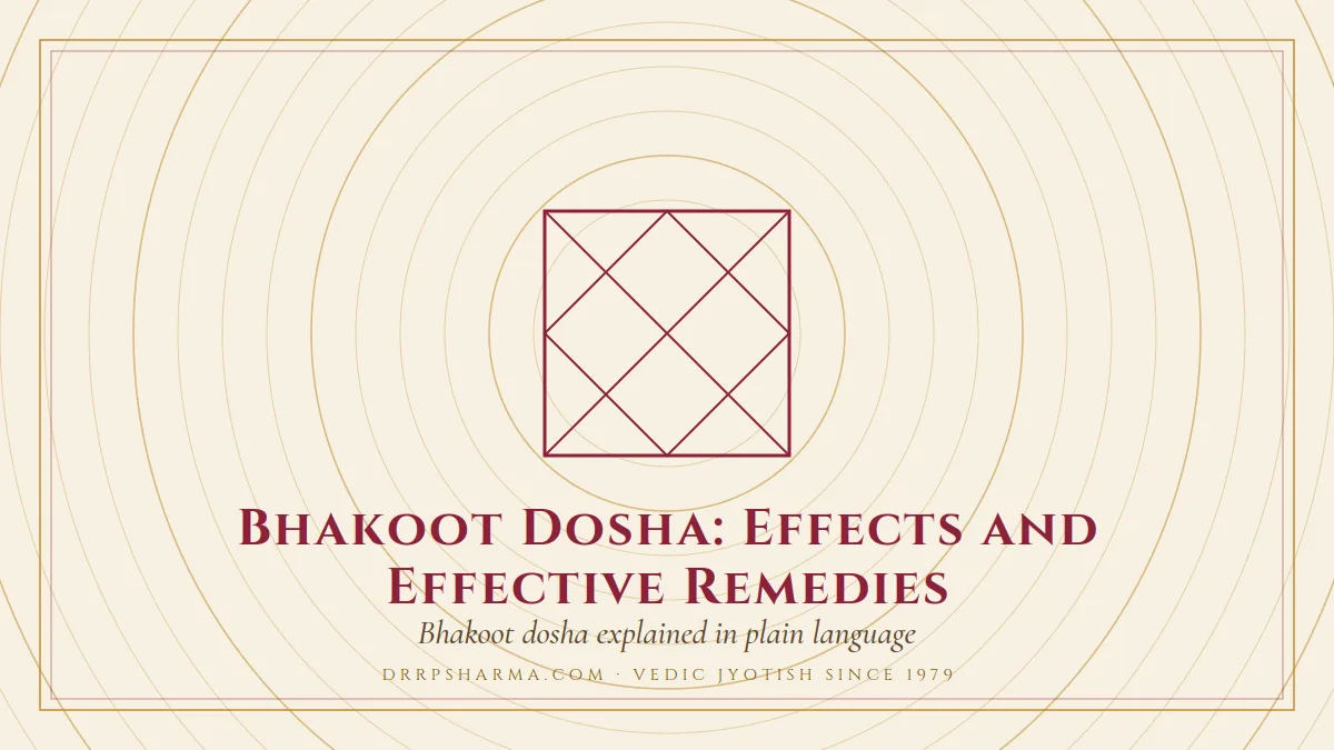 Bhakoot Dosha: Effects and Effective Remedies — a Vedic birth-chart (kundli) diagram motif on a parchment plate