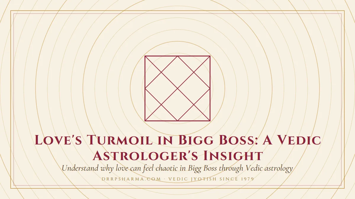 Love's Turmoil in Bigg Boss: A Vedic Astrologer's Insight — a Vedic birth-chart (kundli) diagram motif on a parchment plate