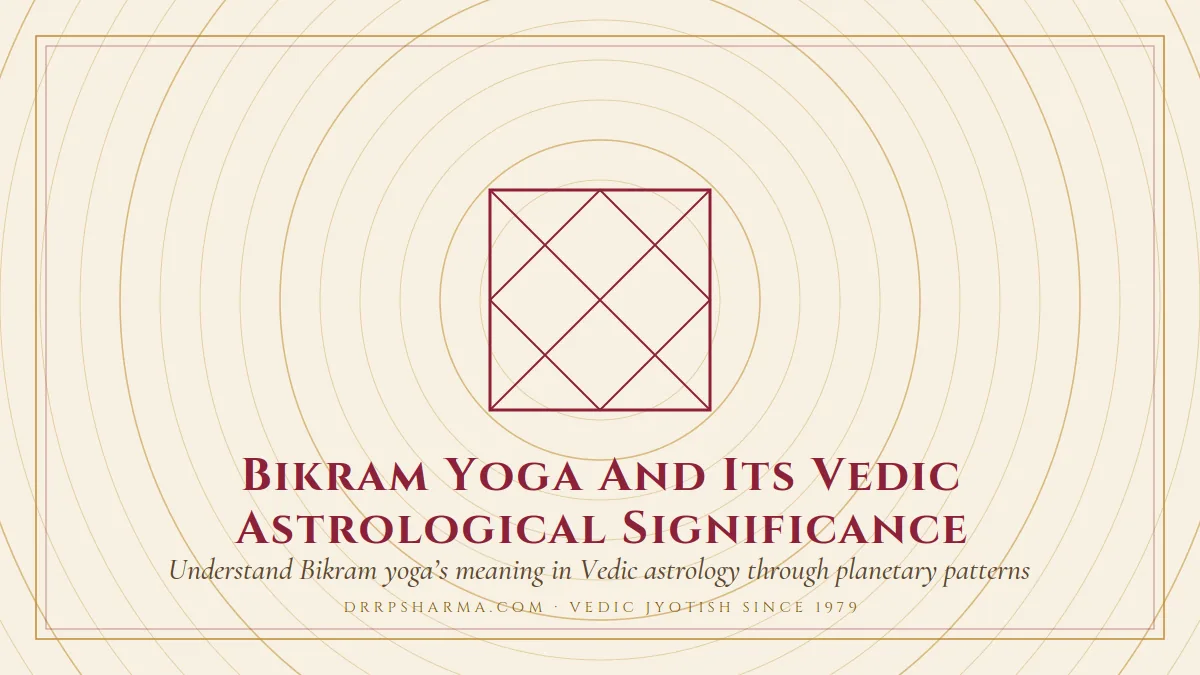 Bikram Yoga And Its Vedic Astrological Significance — a Vedic birth-chart (kundli) diagram motif on a parchment plate
