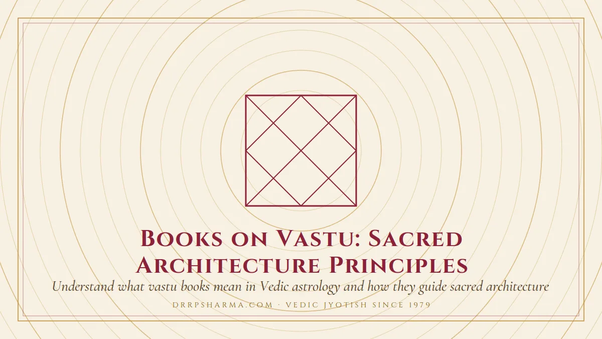Books on Vastu: Sacred Architecture Principles — a Vedic birth-chart (kundli) diagram motif on a parchment plate
