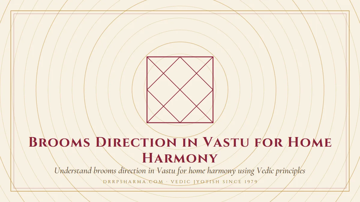 Brooms Direction in Vastu for Home Harmony — a Vedic birth-chart (kundli) diagram motif on a parchment plate