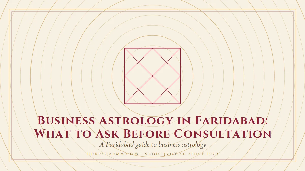 Business Astrology in Faridabad: What to Ask Before Consultation — a Vedic birth-chart (kundli) diagram motif on a parchment plate