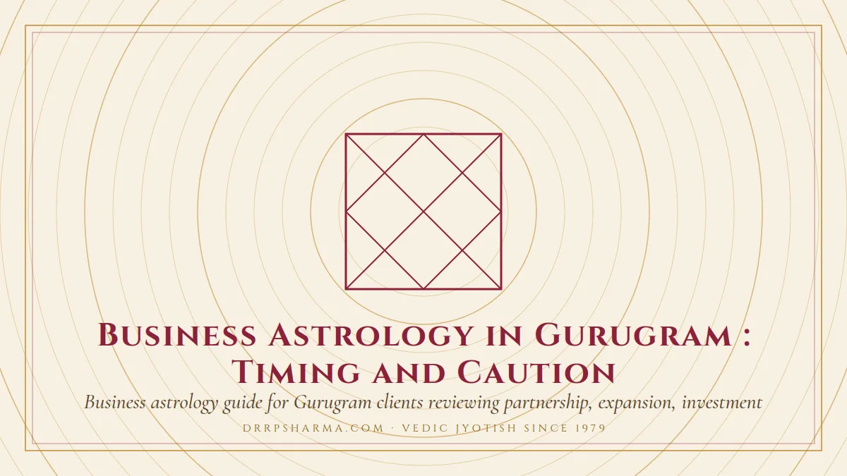 Business Astrology in Gurugram : Timing and Caution — a Vedic birth-chart (kundli) diagram motif on a parchment plate