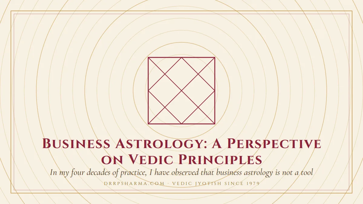 Business Astrology: A Perspective on Vedic Principles — a Vedic birth-chart (kundli) diagram motif on a parchment plate