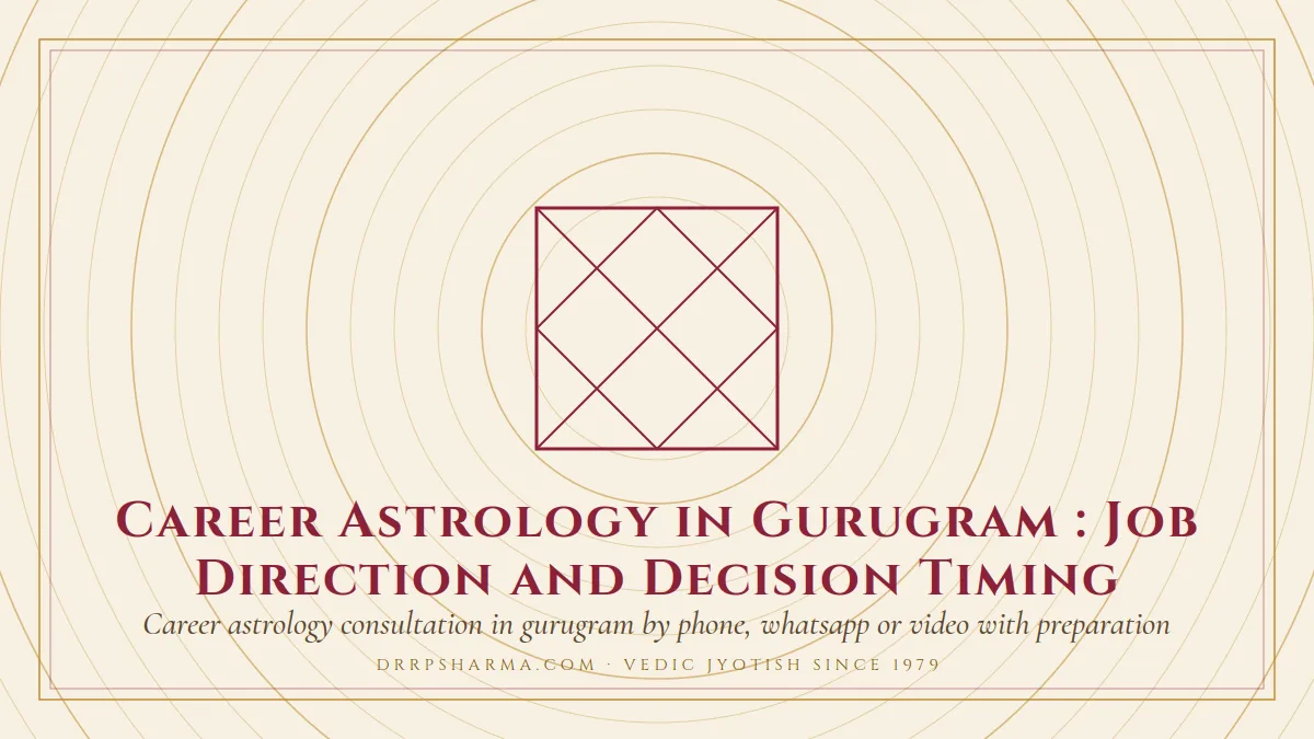 Career Astrology in Gurugram : Job Direction and Decision Timing — a Vedic birth-chart (kundli) diagram motif on a parchment plate