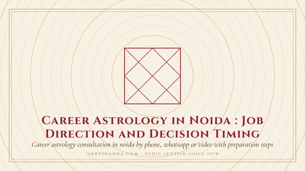 Career Astrology in Noida : Job Direction and Decision Timing — a Vedic birth-chart (kundli) diagram motif on a parchment plate