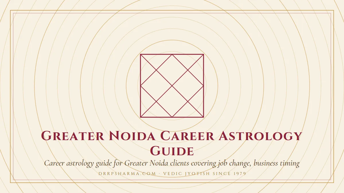 Greater Noida Career Astrology Guide — a Vedic birth-chart (kundli) diagram motif on a parchment plate
