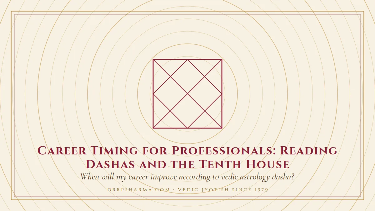 Career Timing for Professionals: Reading Dashas and the Tenth House — a Vedic birth-chart (kundli) diagram motif on a parchment plate