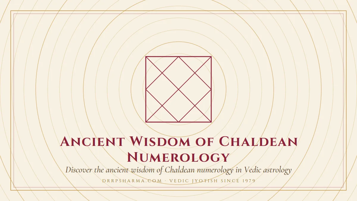 Ancient Wisdom of Chaldean Numerology — a Vedic birth-chart (kundli) diagram motif on a parchment plate