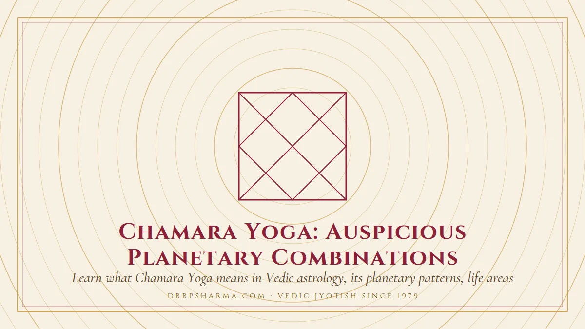 Chamara Yoga: Auspicious Planetary Combinations — a Vedic birth-chart (kundli) diagram motif on a parchment plate