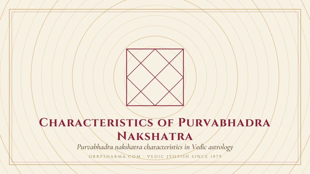 Characteristics of Purvabhadra Nakshatra — a Vedic birth-chart (kundli) diagram motif on a parchment plate