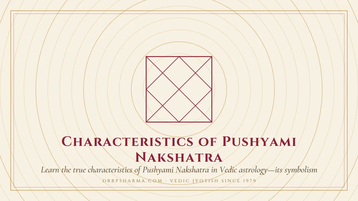 Characteristics of Pushyami Nakshatra — a Vedic birth-chart (kundli) diagram motif on a parchment plate