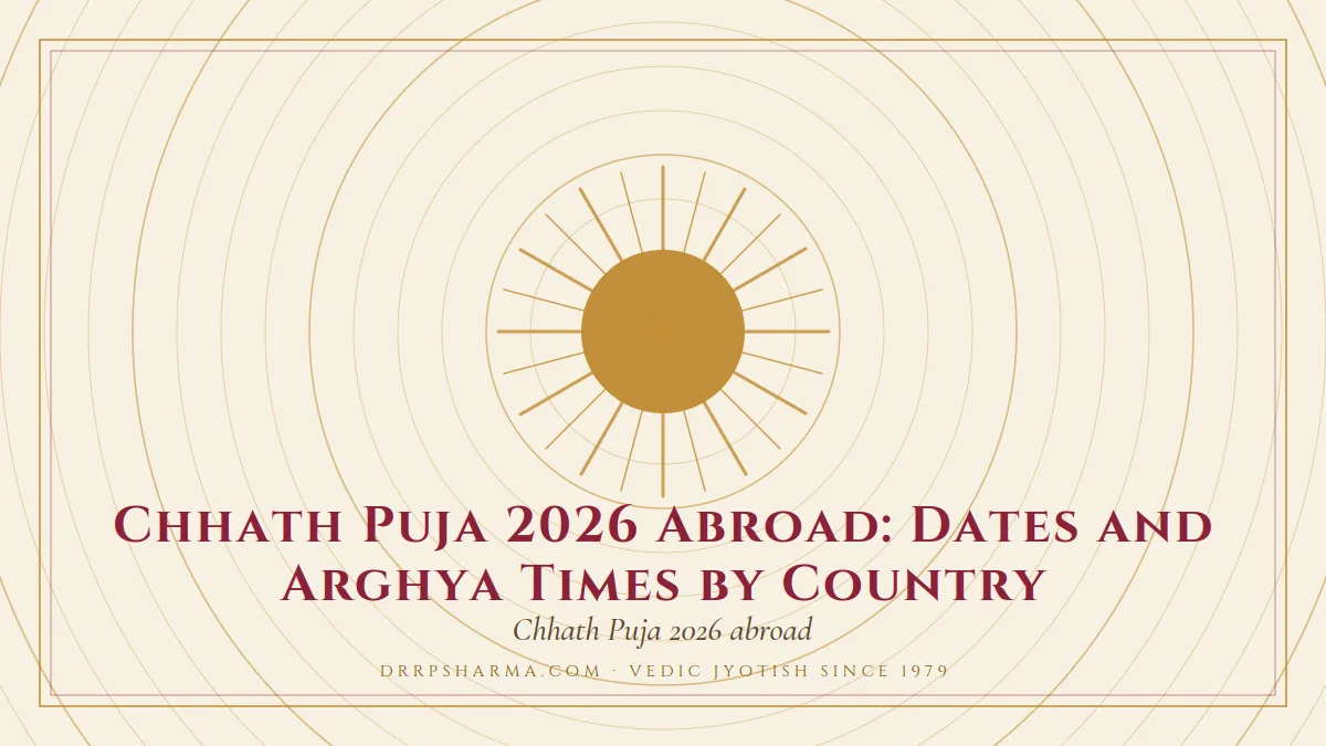 Chhath Puja 2026 Abroad: Dates and Arghya Times by Country — a golden sun motif on a parchment plate
